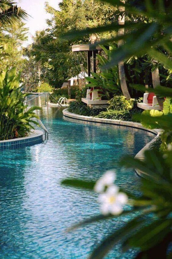 Swimming pool, shaded, cool in a green garden setting.