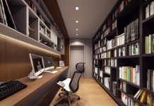 แบบห้องทำงาน สไตล์โมเดิร์น มีชั้นหนังสือติดผนัง